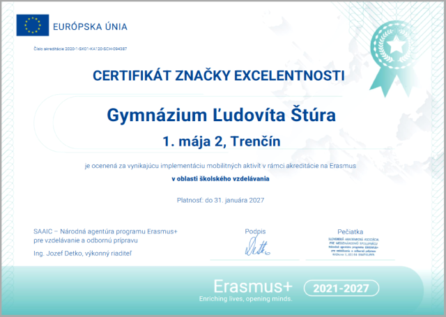 Certifikát značky excelentnosti.